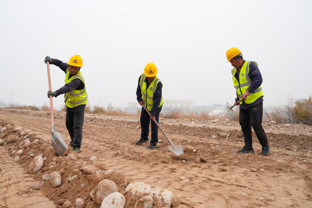 10月12日，涿州市北拒马河调蓄工程施工现场，建设者正在进行巡河路路基找平作业。