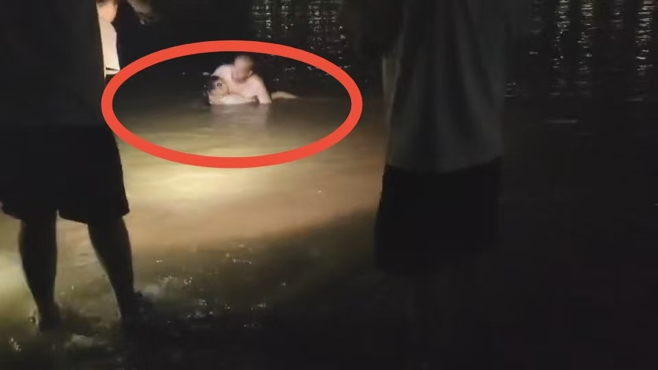 ▲蔡张稳稳托举小女孩上岸。视频截图