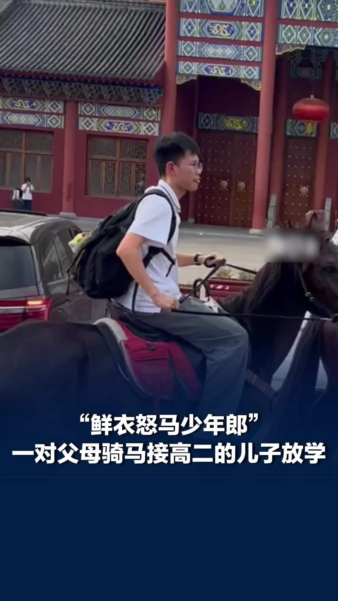 浙江一对父母骑马接高二儿子放学