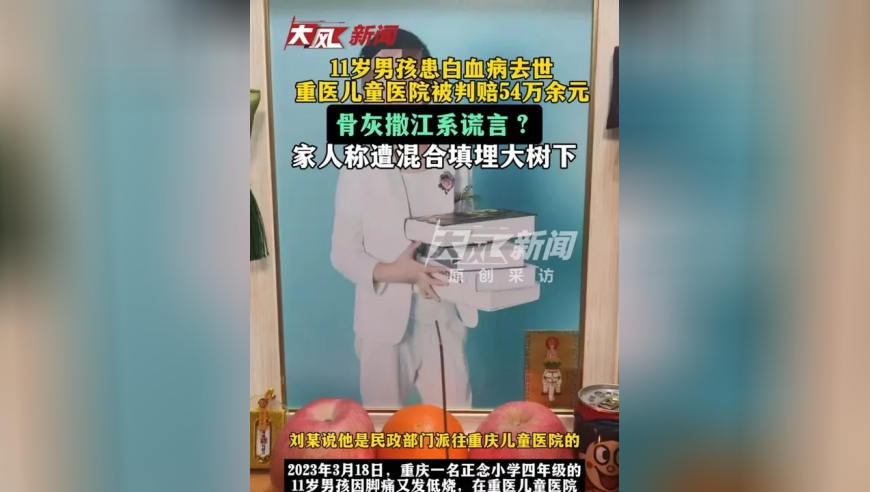 11岁男孩患白血病去世，重医儿童医院被判赔54万余元，骨灰撒江系谎言？家人称遭混和填埋大树下
