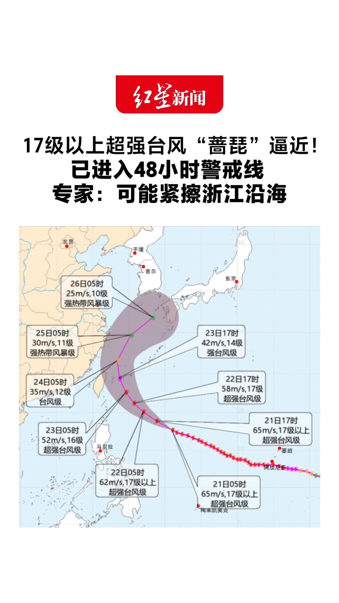 17级以上超强台风“蔷琵”逼近！已进入48小时警戒线 专家：可能紧擦浙江沿海 浙江未来6天雨水频繁