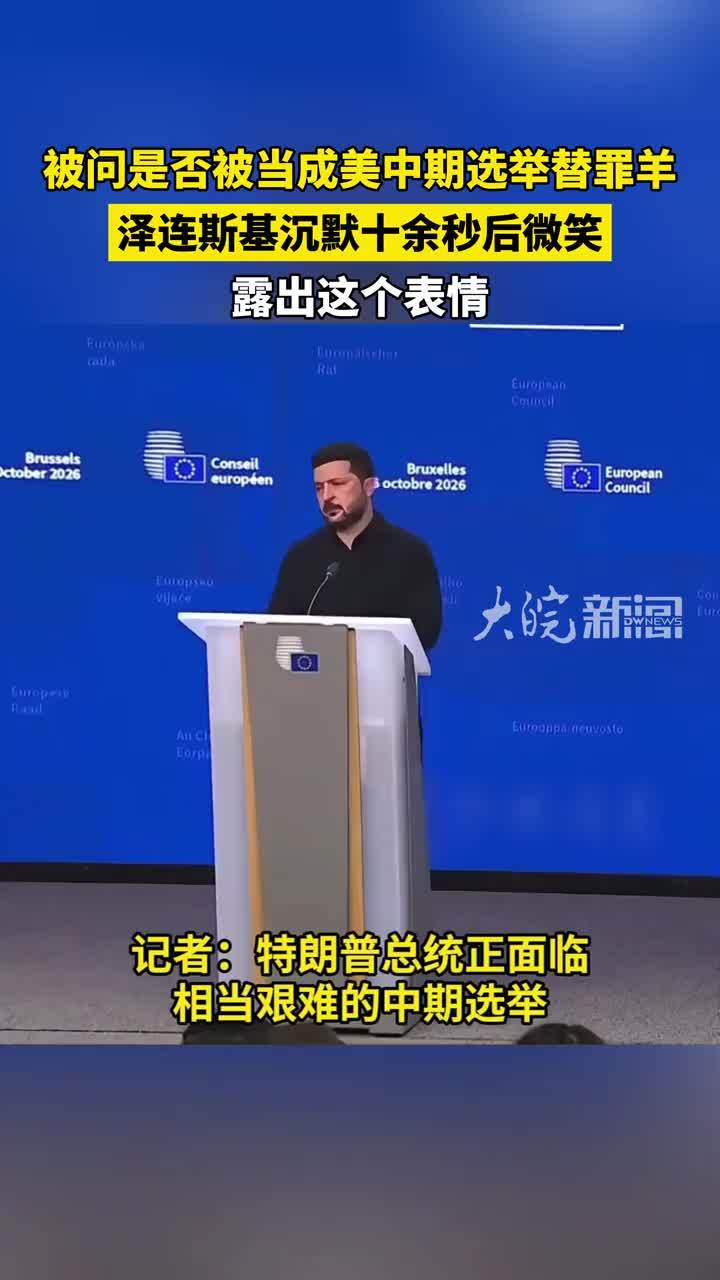 被问是否被当成美中期选举替罪羊，泽连斯基沉默十余秒后微笑，露出这个表情
