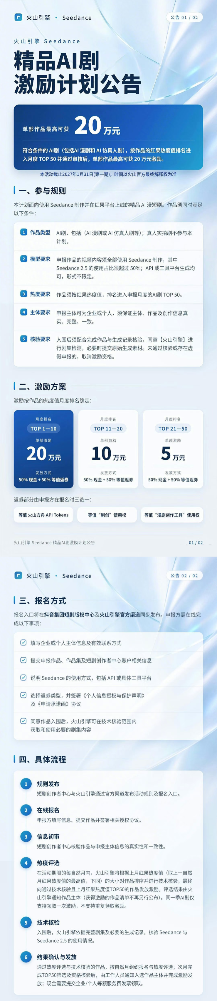 字节火山引擎推出Seedance AI剧激励计划:单部最高20万元