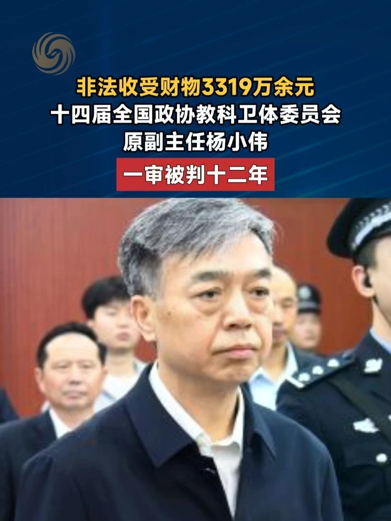 非法收受财物3319万余元，十四届全国政协教科卫体委员会原副主任杨小伟一审被判十二年