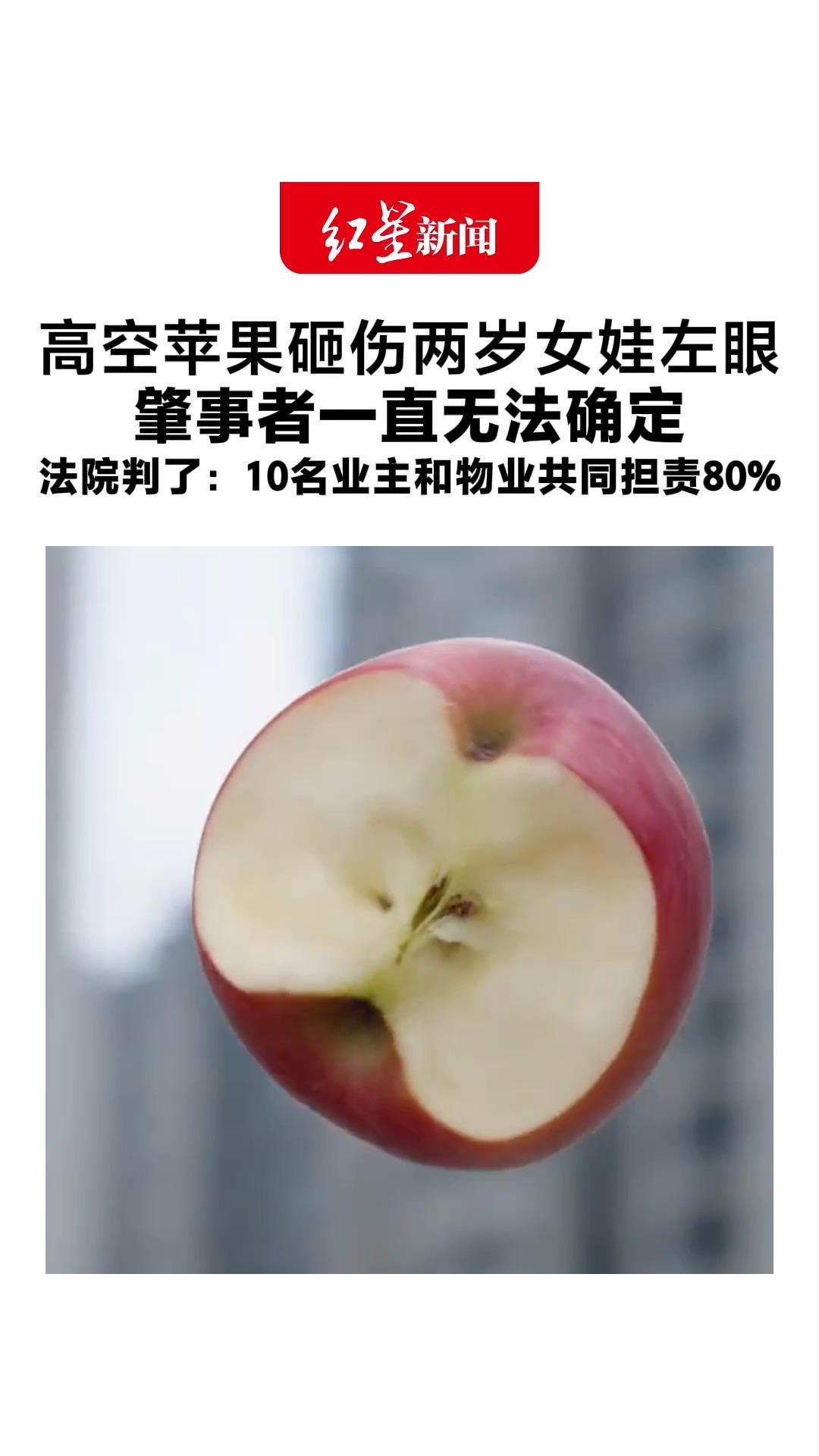 高空苹果砸伤两岁女娃左眼 残渣中检不出人体DNA 肇事者一直无法确定 法院判了：10名业主和物业共同担责80%
