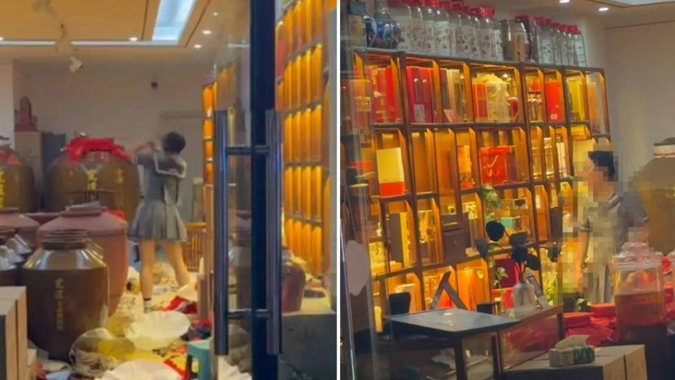 女子在酒铺内砸毁多瓶五粮液年份酒，“损失约30万”，店家：疑因在隔壁理发店剪发不顺情绪失控