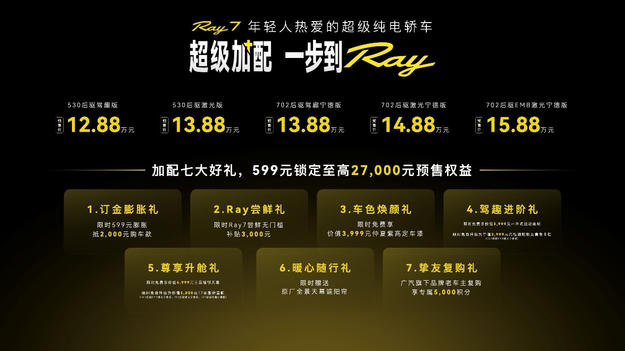 埃安Ray7正式开启预售，预售价12.88-15.88万
