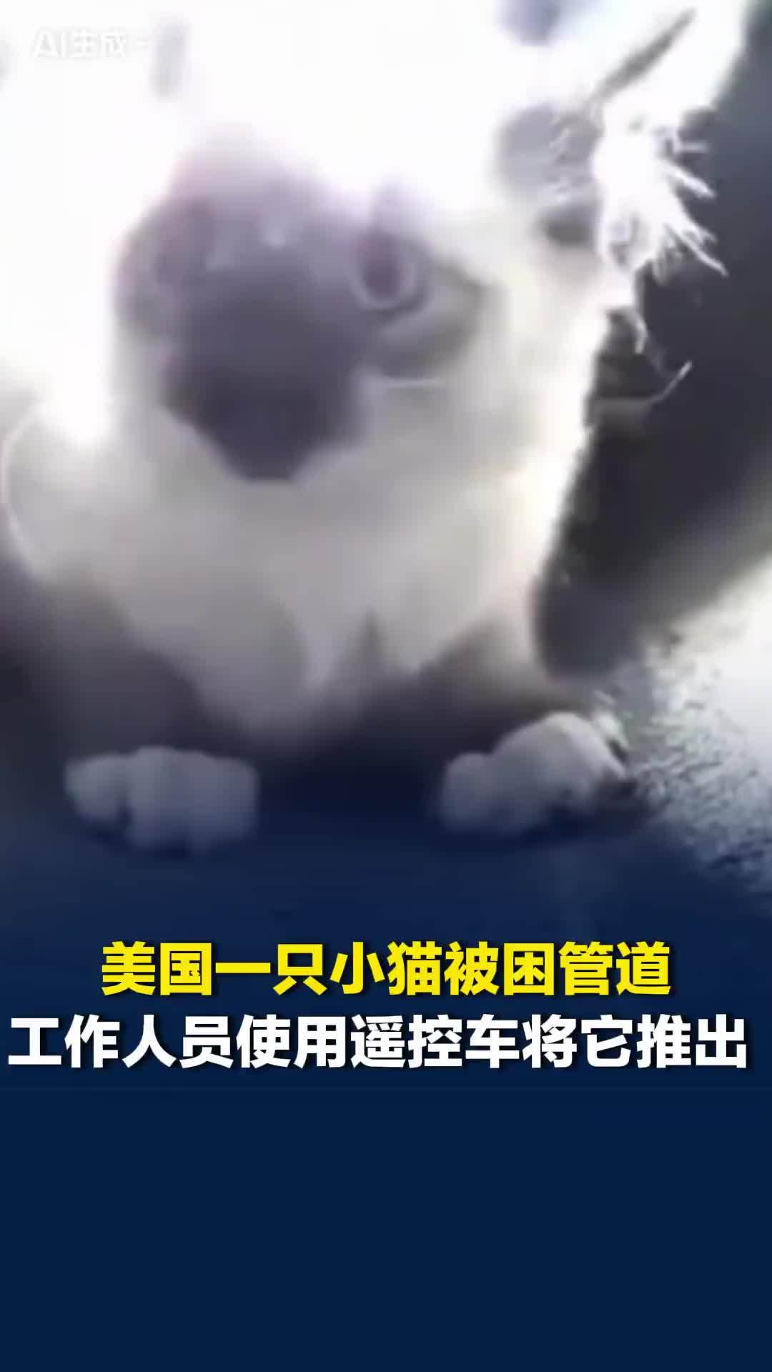 美国一只小猫被困管道，工作人员使用遥控车将它推出，小猫一边前进一边喵喵叫