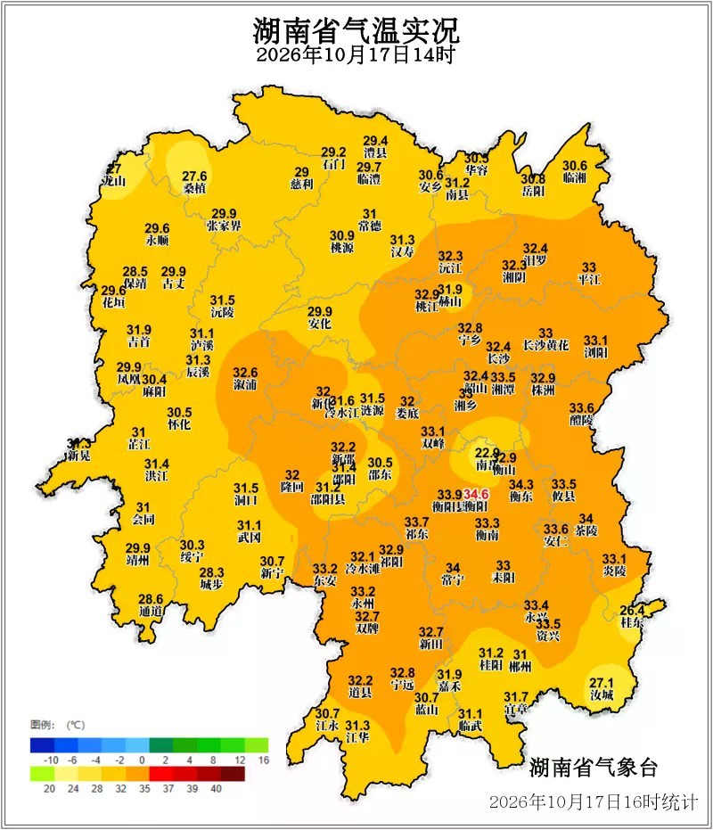 今日14时省内大部地区气温在30℃左右。 图片来源:湖南省气象台