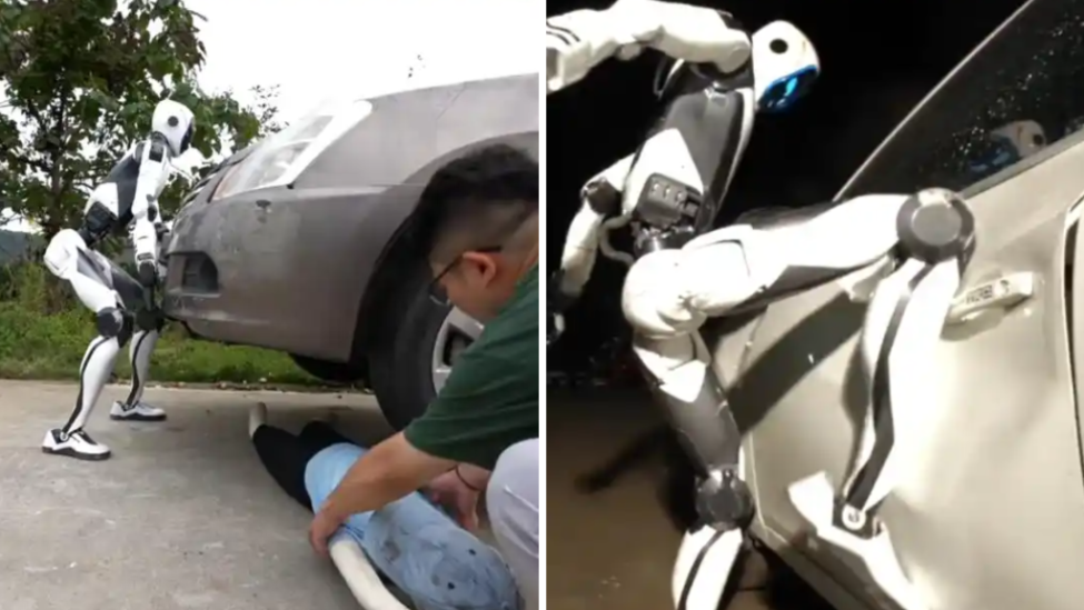 徒手抬汽车、一脚踢凹车门…宇树机器人“保镖”来了