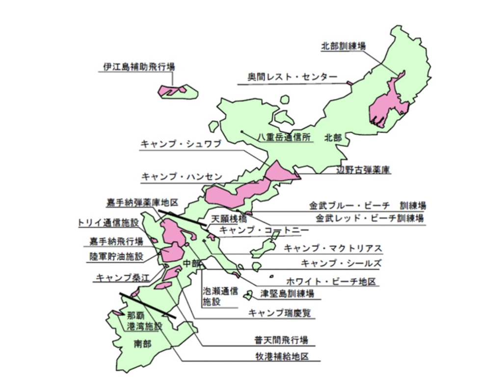 美军在琉球主岛的占地分布。图片来源:日本防卫省。