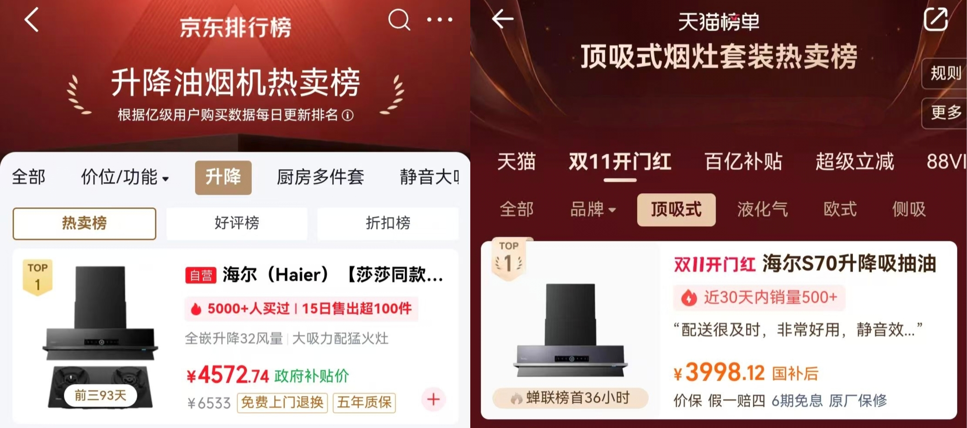 京东、天猫:海尔Seeker升降烟机双11热卖榜TOP1