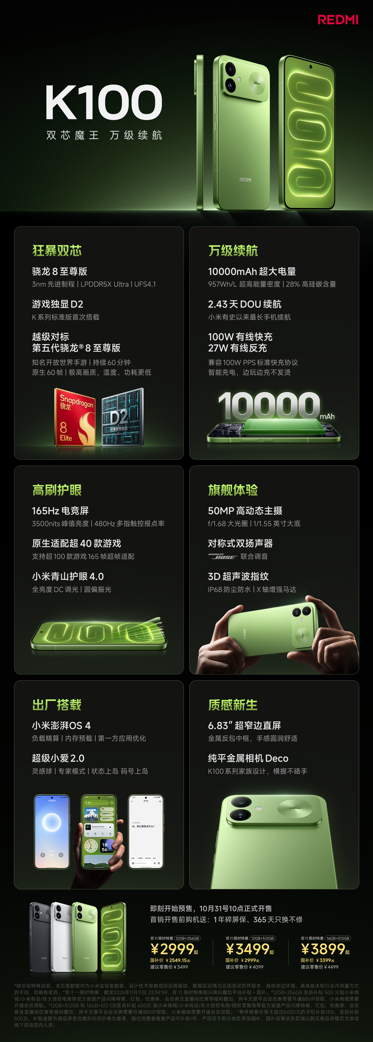 小米REDMI K100发布：限时到手2999元起，搭载骁龙8至尊版与10000mAh电池