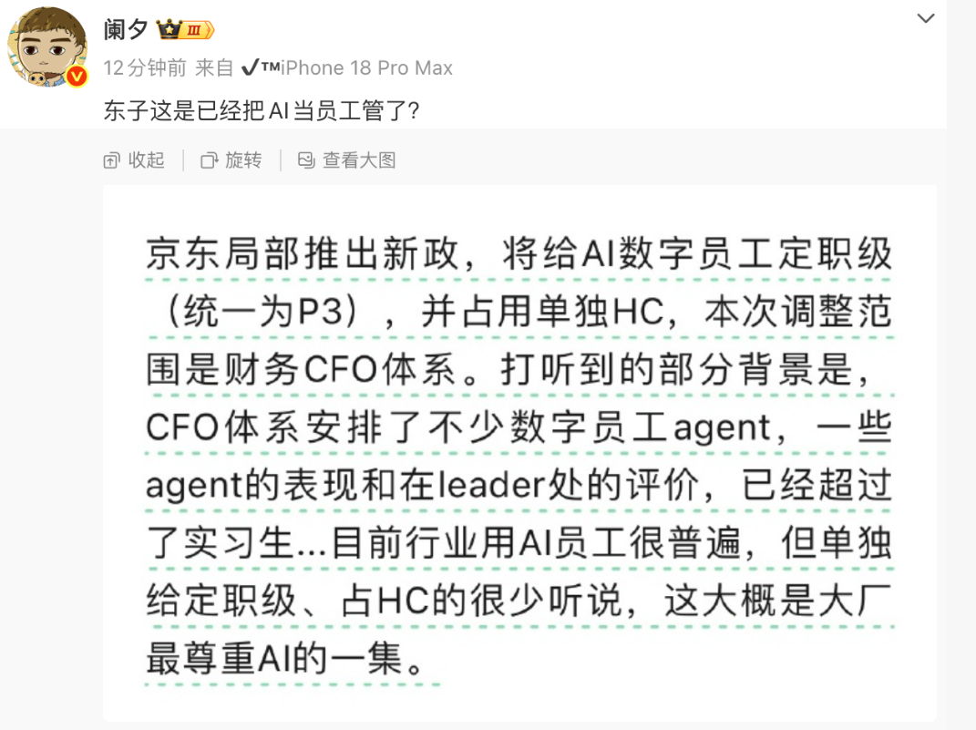 京东给AI定职级:数字员工统一P3、独占HC,CFO体系先行
