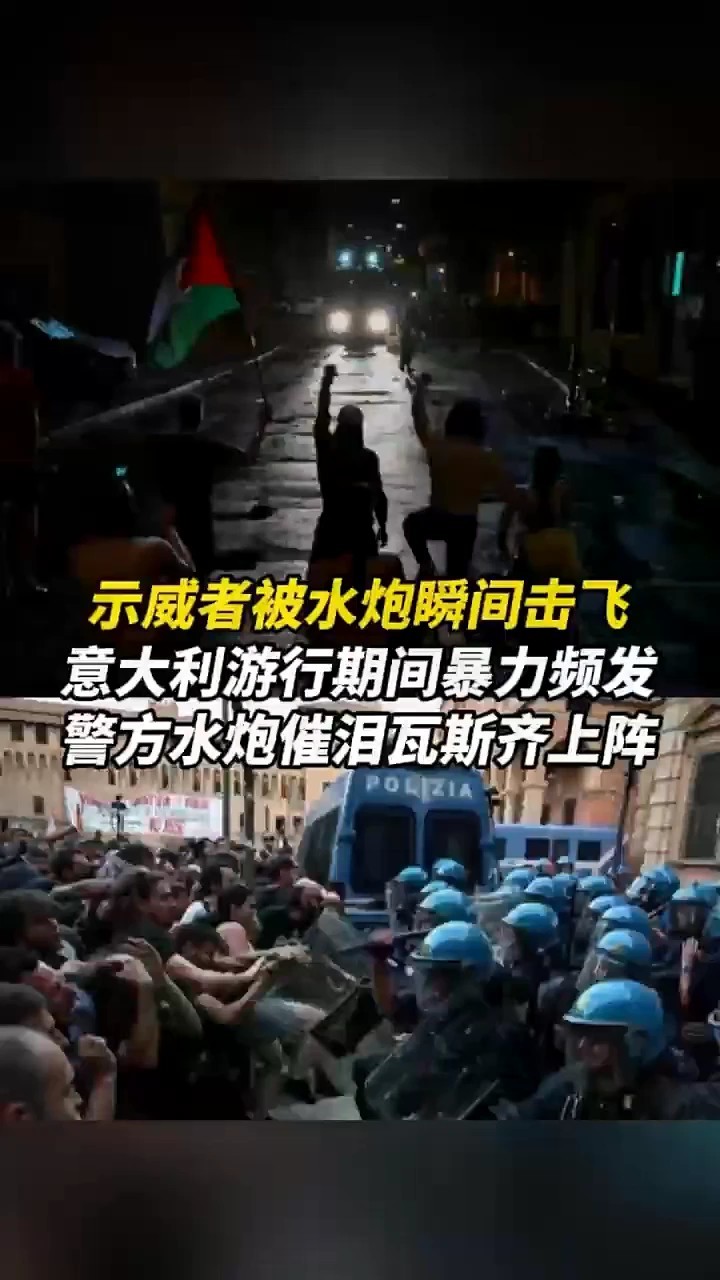 示威者被水炮瞬间击飞