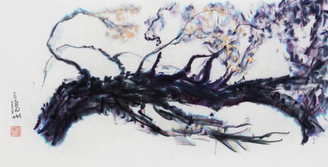 横柯绽金 纸本水墨 69cm×136cm 2024-2026