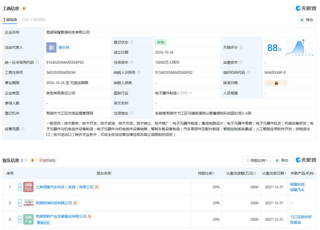 注册资本1亿！保隆科技、奇瑞汽车在芜湖成立智感科技公司