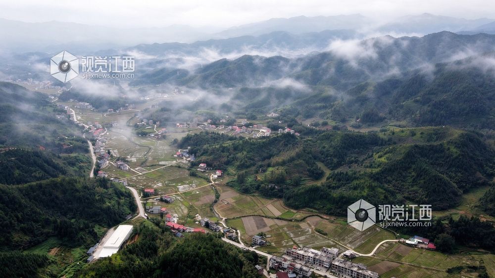 2026年10月27日，江西省遂川县大汾镇群山间云雾翻涌，层峦叠翠，梯田错落，民居散落山间。云海与良田、山林相映，勾勒出秀美的生态画卷。
