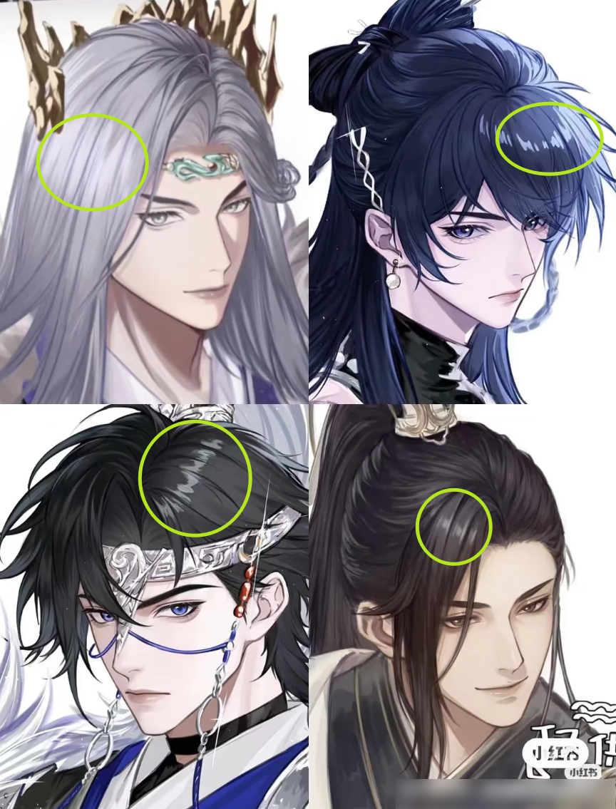 左上为直播绘图，其他三张为过往商稿，头发的高光画法突然变了，线条精细度也有很大差距