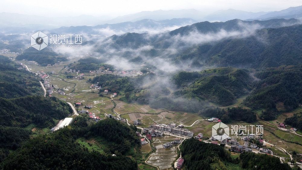 2026年10月27日，江西省遂川县大汾镇群山间云雾翻涌，层峦叠翠，梯田错落，民居散落山间。云海与良田、山林相映，勾勒出秀美的生态画卷。