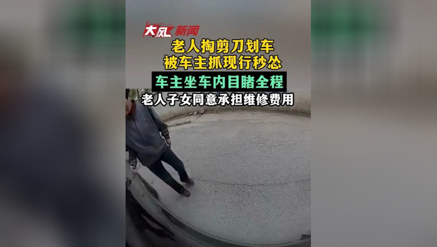 老人掏剪刀划车 被车主抓现行秒怂，车主坐车内目睹全程，老人的子女同意承担维修费用