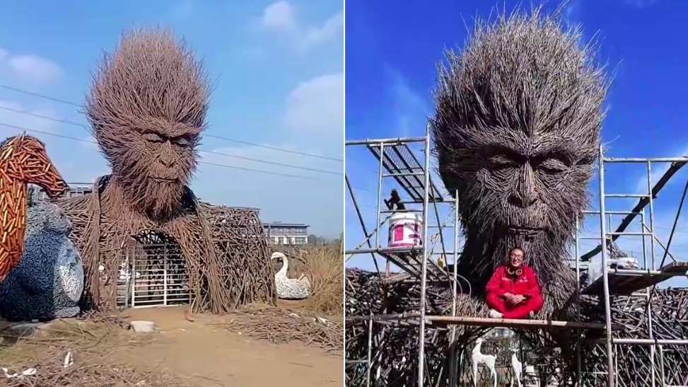 博主用树枝手搓“齐天大圣”雕塑