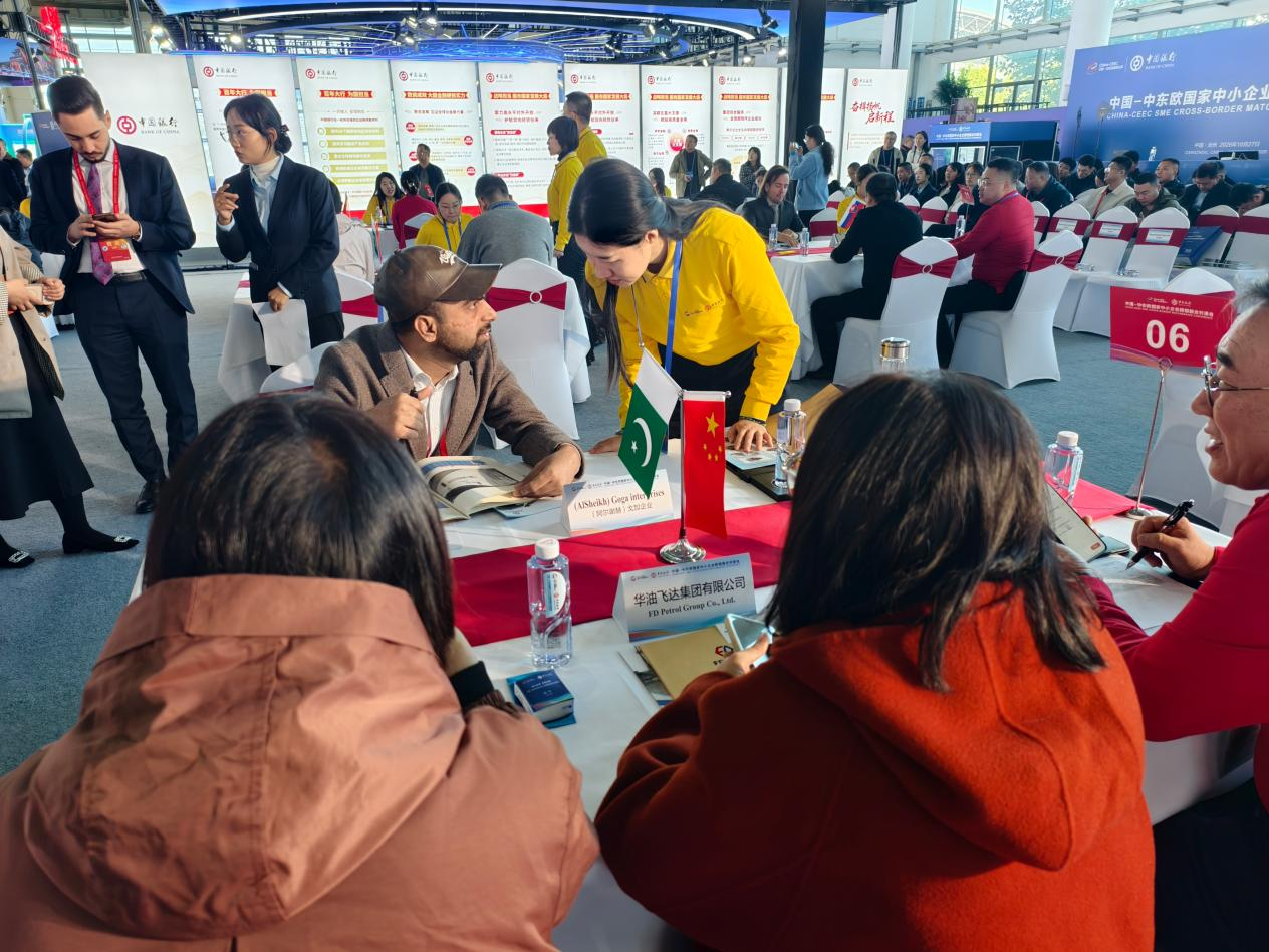 在中国—中东欧国家中小企业跨境撮合对接会上，中外客商洽谈合作。鲁萍摄