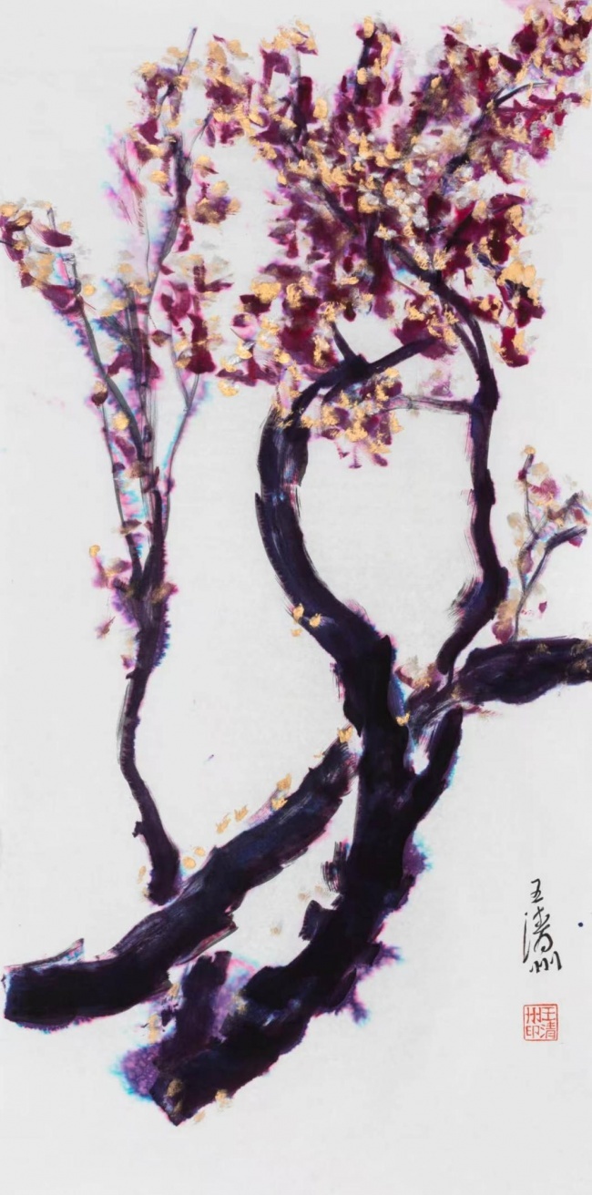 金萼红梅 纸本水墨 137cm×68cm 2024-2026