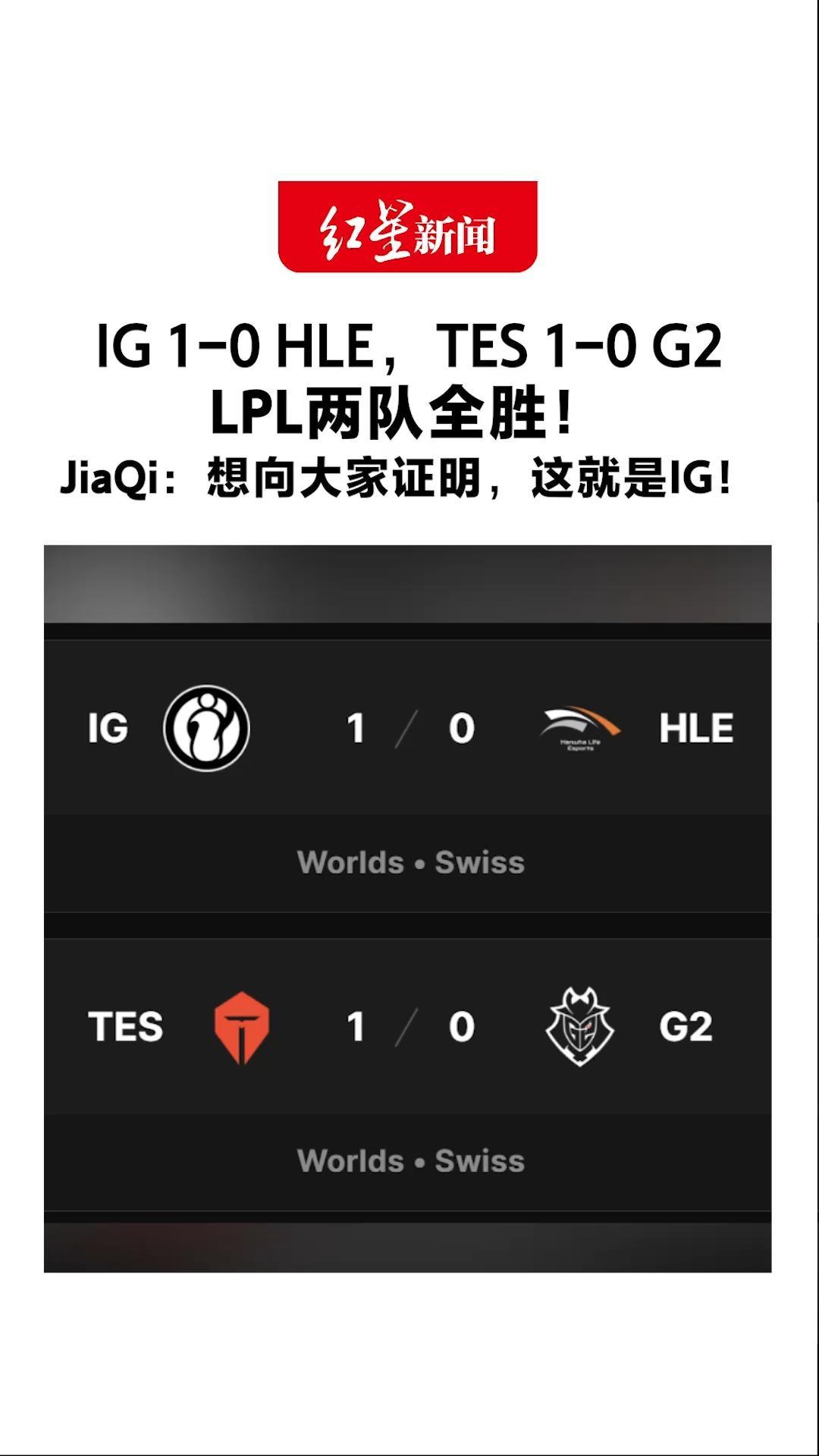 IG 1-0 HLE，TES 1-0 G2 LPL两队全胜！双双晋级2-1组 距八强只差一胜 JiaQi：向大家证明，这就是IG