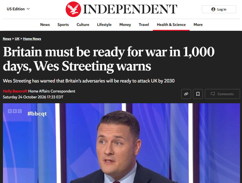 图为英国《独立报》对英国防卫大臣“1000天备战”的报道