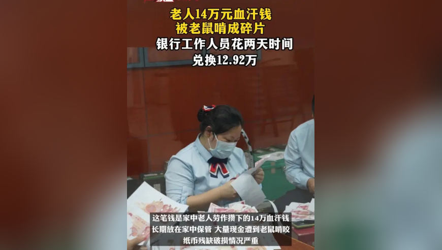 老人14万元血汗钱被老鼠啃成碎片，银行工作人员花两天时间兑换12.92万元